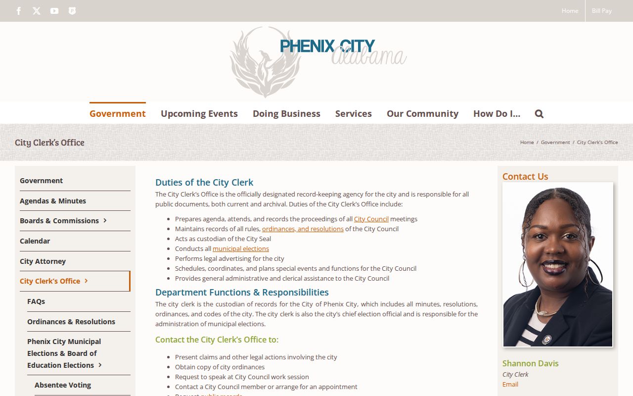 Phenix City residents directory source showing the City Clerk office