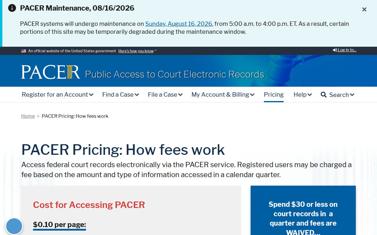 PACER pricing context for Phenix City neighbors court records